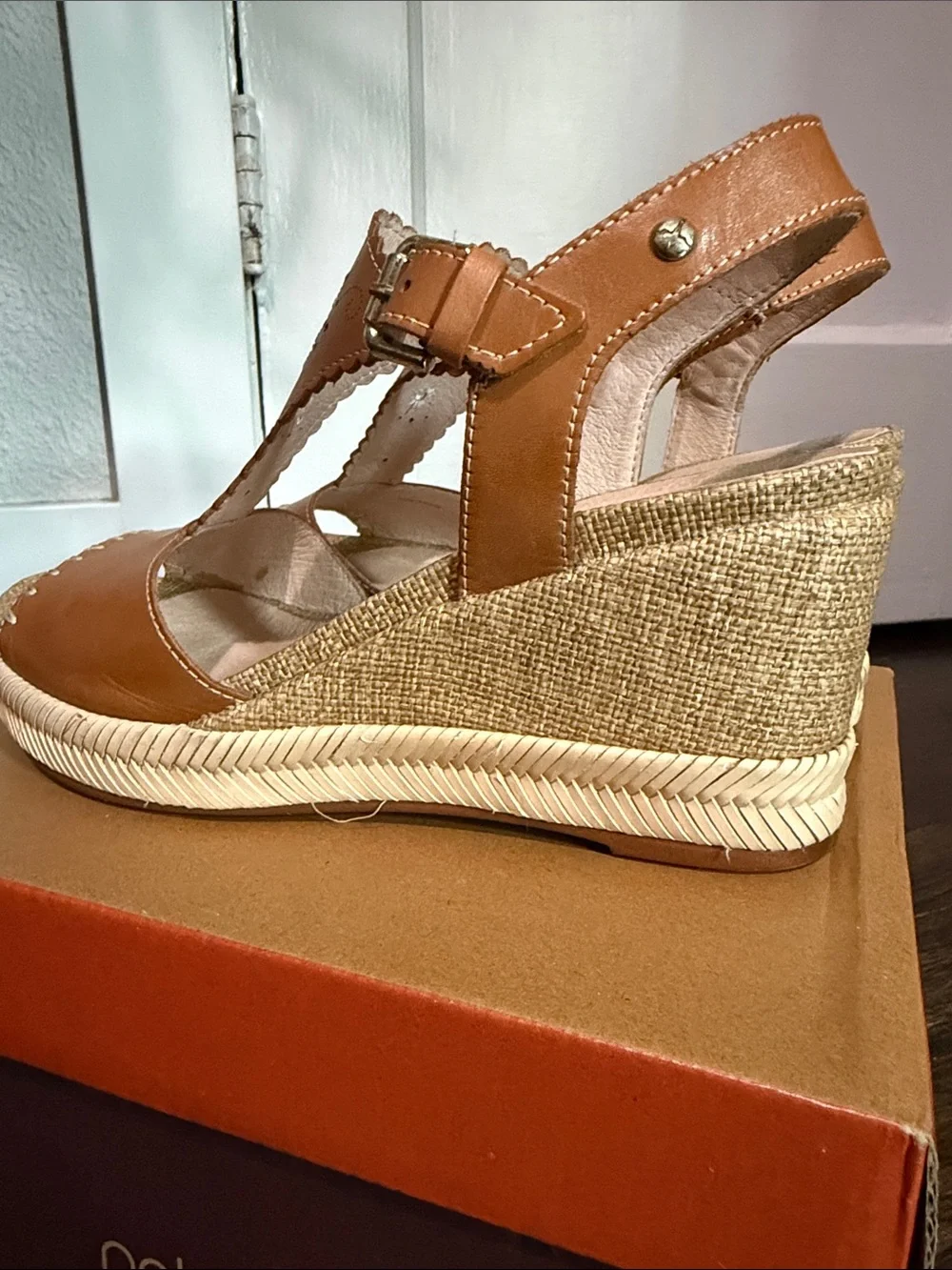 Pikolinos Mojacar Brandy Leather Espadrille Wedge Sandals Sz 39